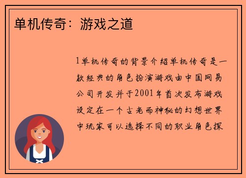 单机传奇：游戏之道
